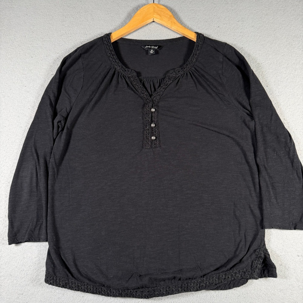 Lucky Brand Womens Black Crochet Lace Trim Split Neck 3/4 Sleeve Top Size M